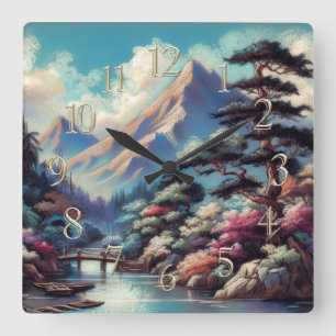Pastel tekening oude Aziatische landschap berg Vierkante Klok