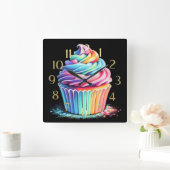Pastel Tekening Regenboog Swirl Frosting Cupcake Vierkante Klok (Huis)