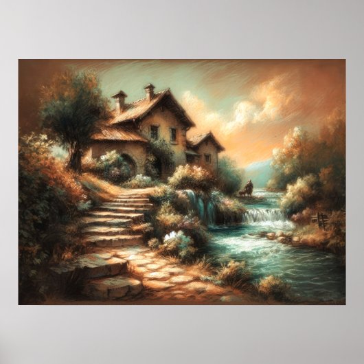 Pastel Tekening  Stijl Landschap Waterhuis Poster (Voorkant)