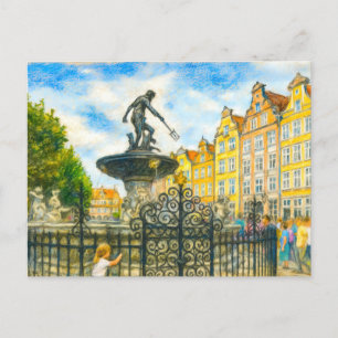 Pastel tekening van Danzig 'Neptunus Fontein op Lo Feestdagenkaart