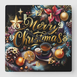 Pastel Tekening van een Kerst Whimsical Vierkante Klok