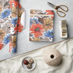 Pastel Terracotta Blau Bloem Waterverf Patroon Cadeaupapier