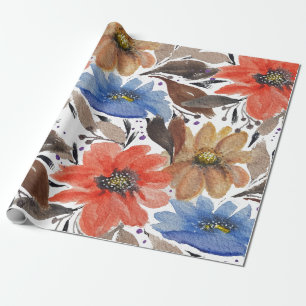 Pastel Terracotta Blau Bloemschildering Watercolor Cadeaupapier