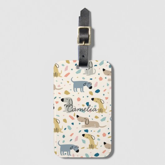 Pastel Terrazzo Funny Cute Dog Pattern Bagagelabel (Voorkant (verticaal))