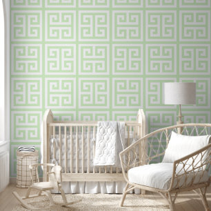 Pastel Theegroen en Witte Grote Griekse Sleutel Behang
