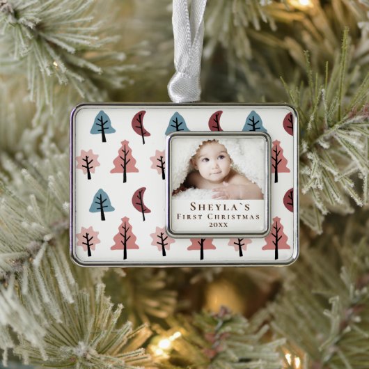 Pastel Tree Pattern Baby's eerste kerstfoto Verzilverd Kader Ornament (Boom)