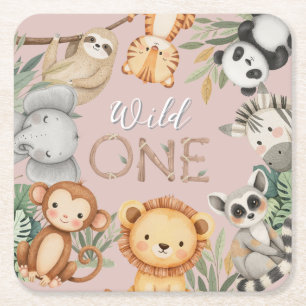 Pastel Tropical Wild One Oerwoud Safari Dieren Vierkante Kartonnen Onderzetter
