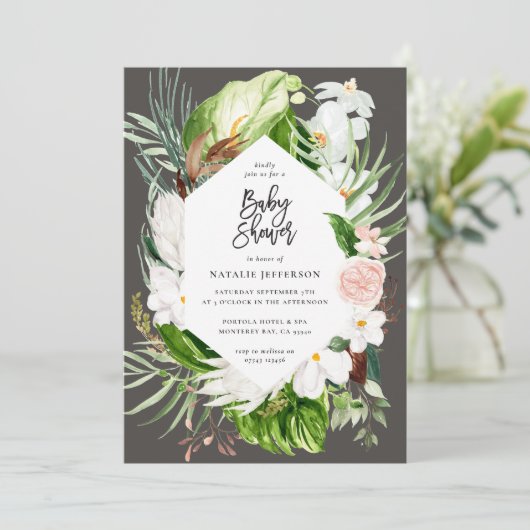 Pastel tropisch+ goud geometrisch baby shower uitn save the date (Staand voorkant)