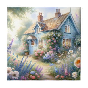 Pastel Tuin Cottage Blauwe Huis Bloemenscène Tegeltje