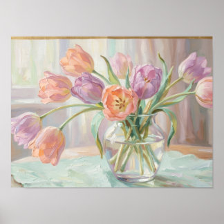 Pastel tulpen in glazen vaas fijnkunstprint poster