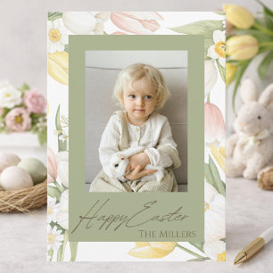 Pastel Tulpen & Narcissen Zalig Pasen Fotokaart Feestdagenkaart