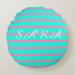 Pastel Turquoise Blauw-groene en roze strepen Rond Kussen