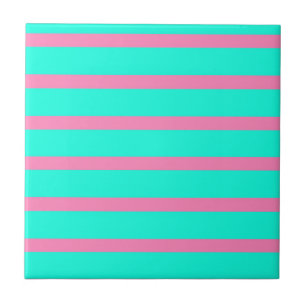 Pastel Turquoise Blauw-groene en roze strepen Tegeltje