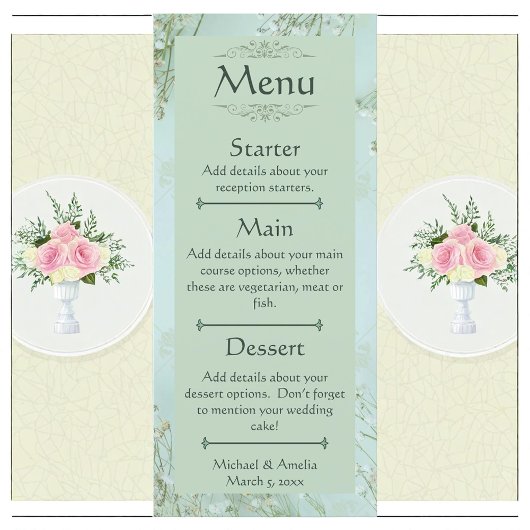 Pastel Turquoise Fleurs blanches Menu Mariage