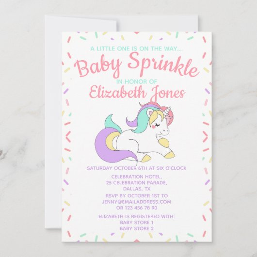 Pastel Unicorn Baby Sprinkle Invitation (Devant)