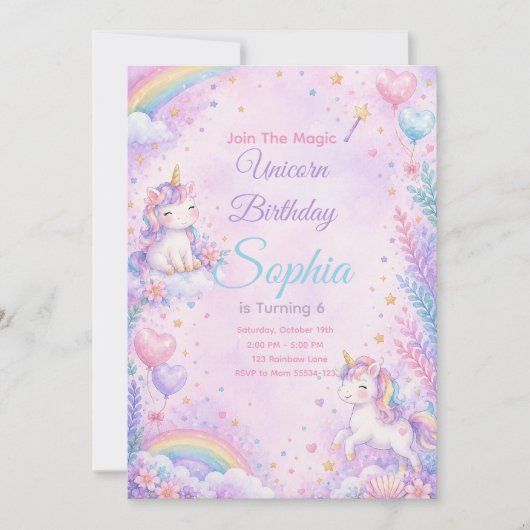 Pastel Unicorn Birthday Invitation Editable (Devant)