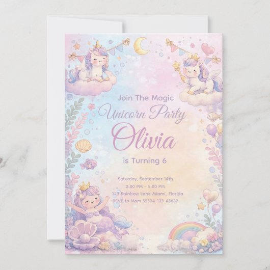 Pastel Unicorn Birthday Invitation Editable (Devant)