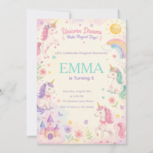 Pastel Unicorn Birthday Invitation Template (Devant)