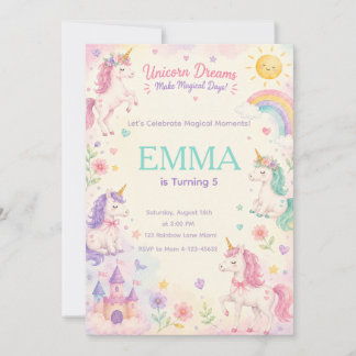 Pastel Unicorn Birthday Invitation Template Kaart