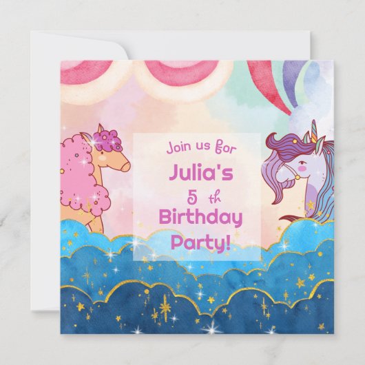 Pastel Unicorn Kids Birthday Uitnodiging (Voorkant)