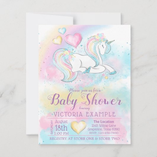 Pastel Unicorn Rainbow Girl Baby shower Invitation (Devant)