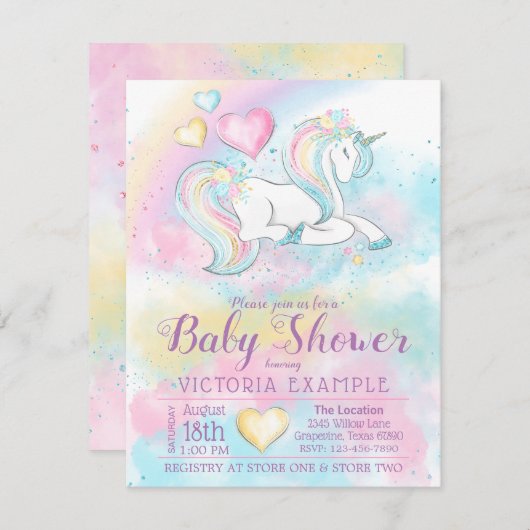 Pastel Unicorn Rainbow Girl Baby shower Invitation (Devant / Derrière)