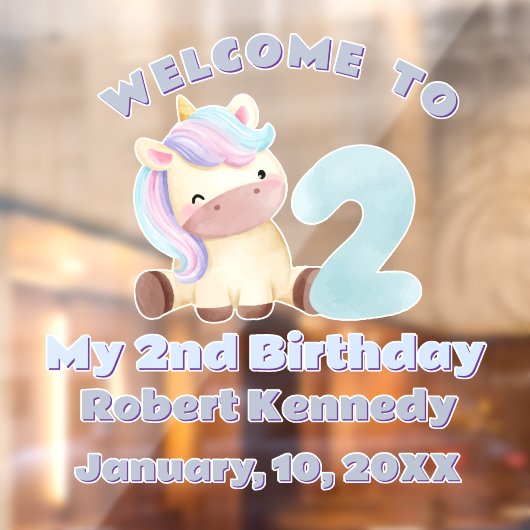 Pastel Unicorn Second Birthday Celebration Name Raamsticker (Vel 2)