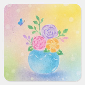 Pastel Vaas Bloemen Vlinder Kunst Vierkante Sticker