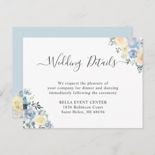 Pastel Vanilla Blue Floral Wedding Details Kaart (Voorkant / Achterkant)
