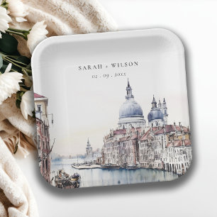 Pastel Venetië Italië Canals Waterverf Bruiloft Papieren Bordje