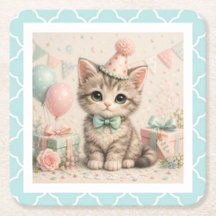 Pastel Verjaardag Kitten Illustratie Vierkante Kartonnen Onderzetter