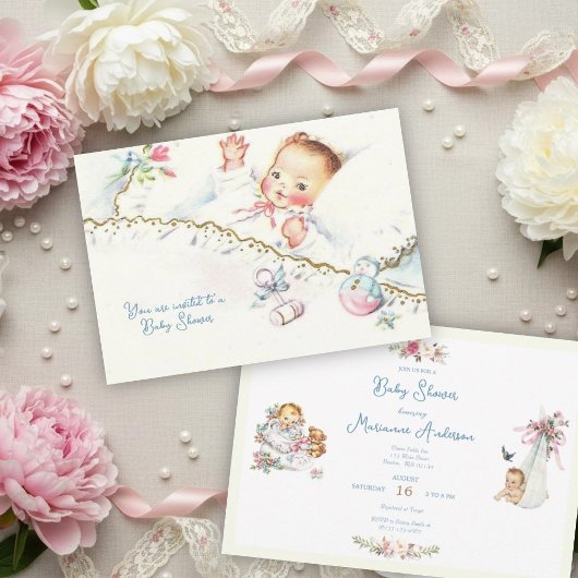 Pastel Vintage bébé fille Baby shower Invitation