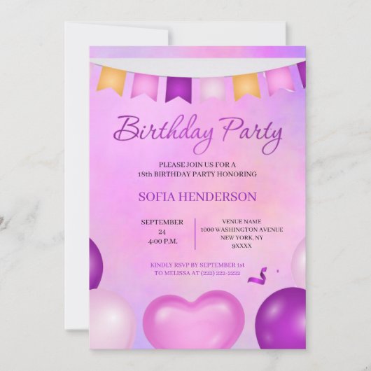 pastel violet et rose invitation à la fête d'anniv (Devant)