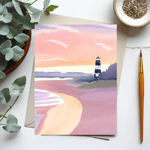 Pastel Vuurtoren Kuststrand Oever Waterverf Briefkaart