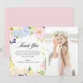 Pastel Watercolor Bloemen Frame Eerste Communie Bedankkaart (Voorkant / Achterkant)