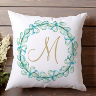Pastel Watercolor Eucalyptus Krans Monogram Kussen