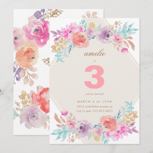 Pastel Watercolor Flowers Invitation Anniversaire  (Devant / Derrière)