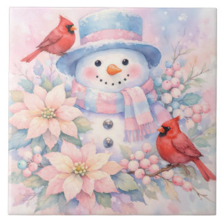 Pastel watercolor sneeuwman, Poinsettia en kardina Tegeltje