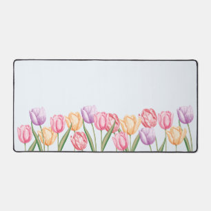 Pastel Watercolor Tulp Bloemen Op Lichtblauw Bureaumat