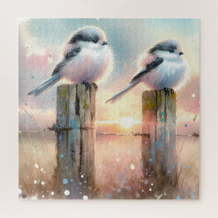 Pastel Watercolor Vogels Omheiningspaal Zonsonderg Legpuzzel