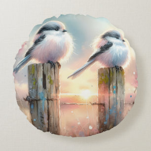 Pastel Watercolor Vogels Omheiningspaal Zonsonderg Rond Kussen