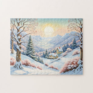 Pastel watercolor zonnig winterlandschap legpuzzel