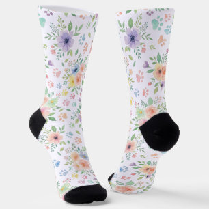 Pastel Waterverf Bloem- en Pootafdruk Crew Soks Sokken