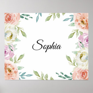 Pastel Waterverf Bloemen met Gepersonaliseerd Naam Poster