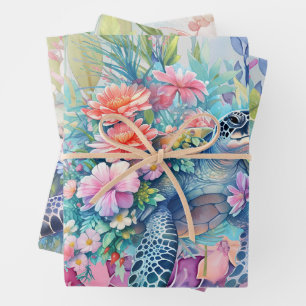 Pastel Waterverf Bloemen Zee Schildpadden Inpakpapier Vel