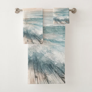 Pastel Waterverf Blue Beach Ocean Waves Wood Bad Handdoek
