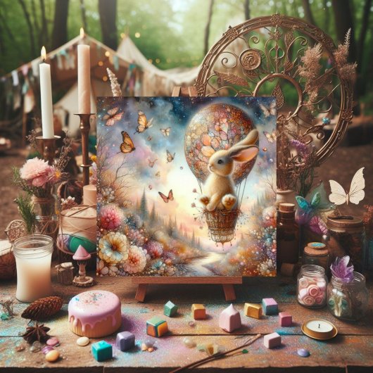 Pastel Waterverf Bunny Hete Luchtballon Pasen Feestdagenkaart