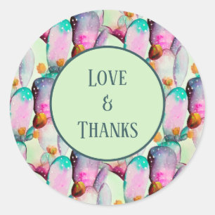Pastel Waterverf Cactus Flowers Love and Bedankt Ronde Sticker