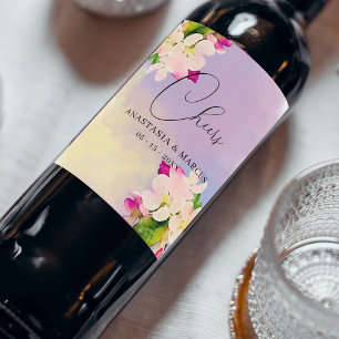 Pastel Waterverf Cherry Blossom Romantic Weddensch Wijn Etiket