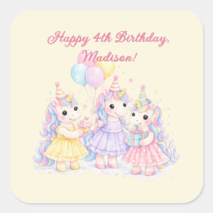 Pastel Waterverf Eenhoorn Meisjes Verjaardag Vierkante Sticker